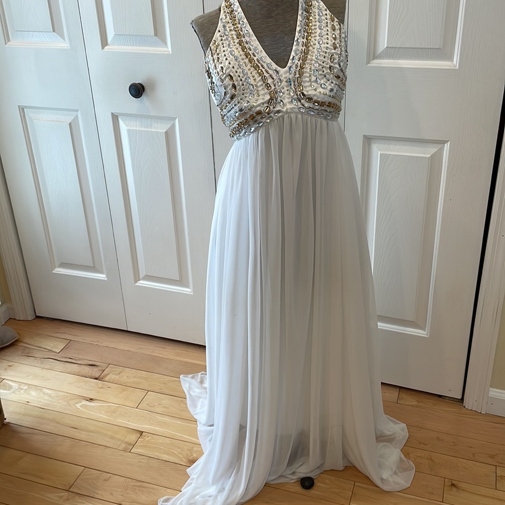 Sequin Hearts white beaded halter lined chiffon open back full length dress